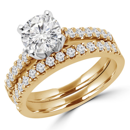 Round Cut Diamond Multi-Stone 4-Prong Engagement Ring and Wedding Band Bridal Set with Round Diamond Accents in Yellow Gold - #2507WS-A2507L-SET-Y