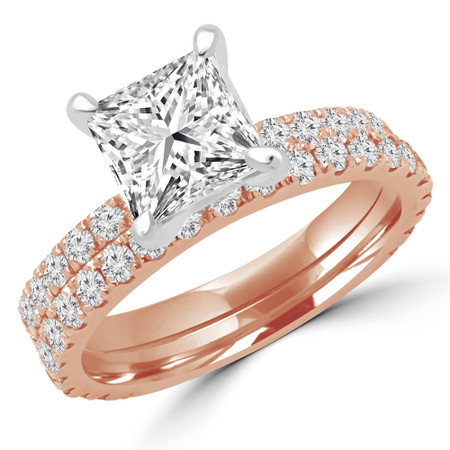 Princess Cut Diamond Multi-Stone 4-Prong Engagement Ring and Wedding Band Bridal Set with Round Diamond Accents in Rose Gold - #ELIAS-PR-SET-R