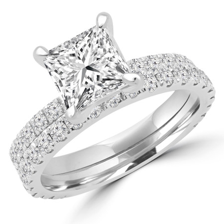 Princess Cut Diamond Multi-Stone 4-Prong Engagement Ring and Wedding Band Bridal Set with Round Diamond Accents in White Gold - #ELIAS-PR-SET-W