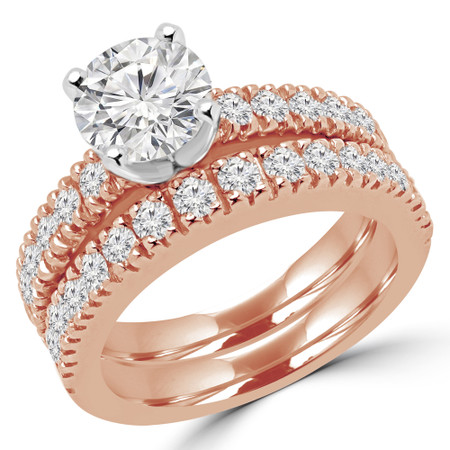 Round Cut Diamond Multi-Stone 4-Prong Engagement Ring and Wedding Band Bridal Set with Round Diamond Scallop-Set Accents in Rose Gold - #2457L-SET-R