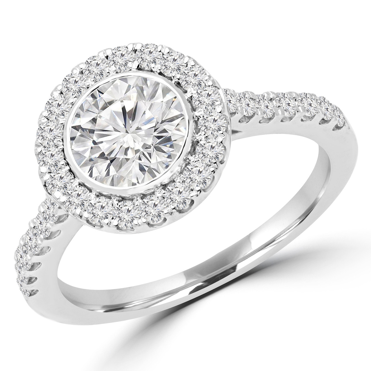 Round Cut Diamond MultiStone BezelSet Halo Engagement Ring with Round