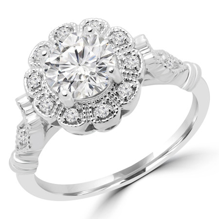 Round Cut Diamond Multi-Stone 4-Prong Floral Halo Engagement Ring with Round Diamond Accents in White Gold - #BIJOU-W