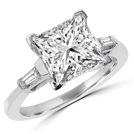 Princess Cut Diamond Multi-Stone V-Prong Engagement Ring with Baguette Cut Diamond Accents in White Gold - #HR8094-W