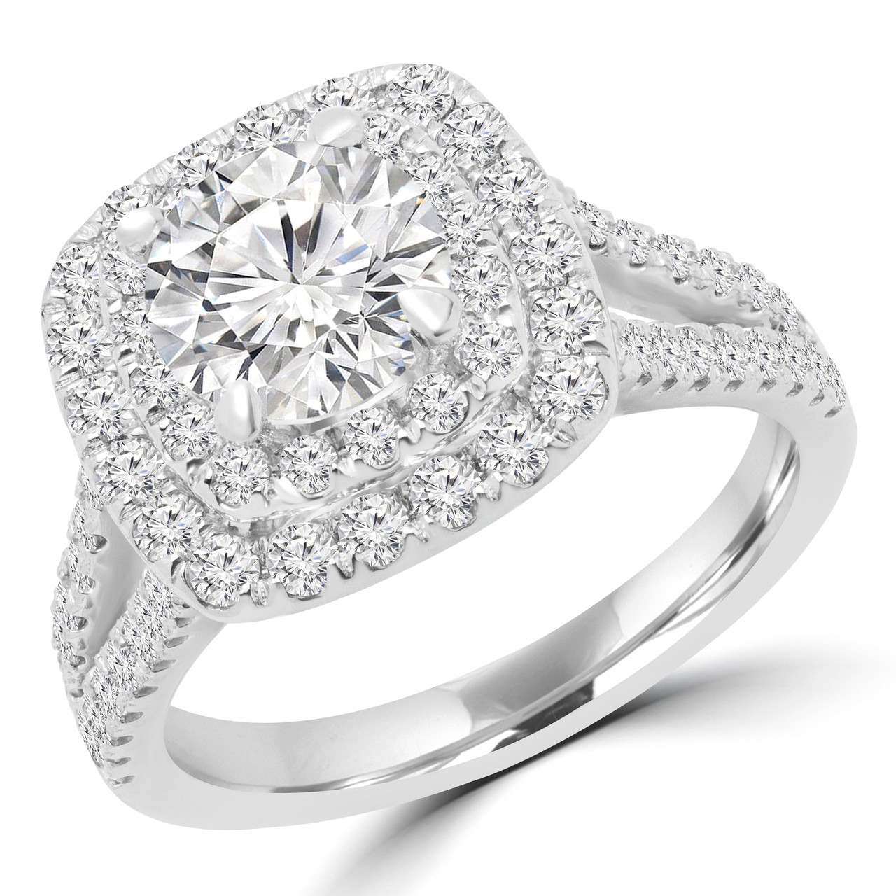 Round Cut Diamond Split Shank Double Halo 4 Prong Multi Stone Engagement  Ring in White Gold - #VEGAS-W - Bijoux Majesty