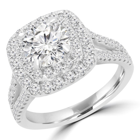 Round Cut Diamond Split Shank Double Halo 4 Prong Multi Stone Engagement Ring in White Gold - #VEGAS-W