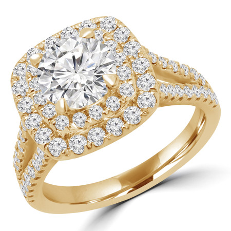 Round Cut Diamond Split Shank Double Halo 4 Prong Multi Stone Engagement Ring in Yellow Gold - #VEGAS-Y