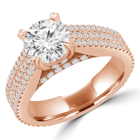 Round Cut Diamond 3-Row Multi-Stone Double-Prong Engagement Ring with Round Diamond Accents in Rose Gold - #ADELE-R