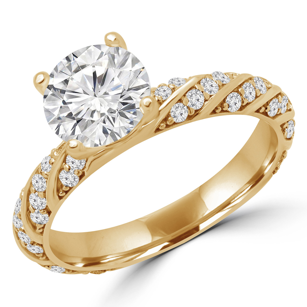 Round Cut Diamond MultiStone 4Prong Engagement Ring with Round Diamond Accents in Yellow Gold