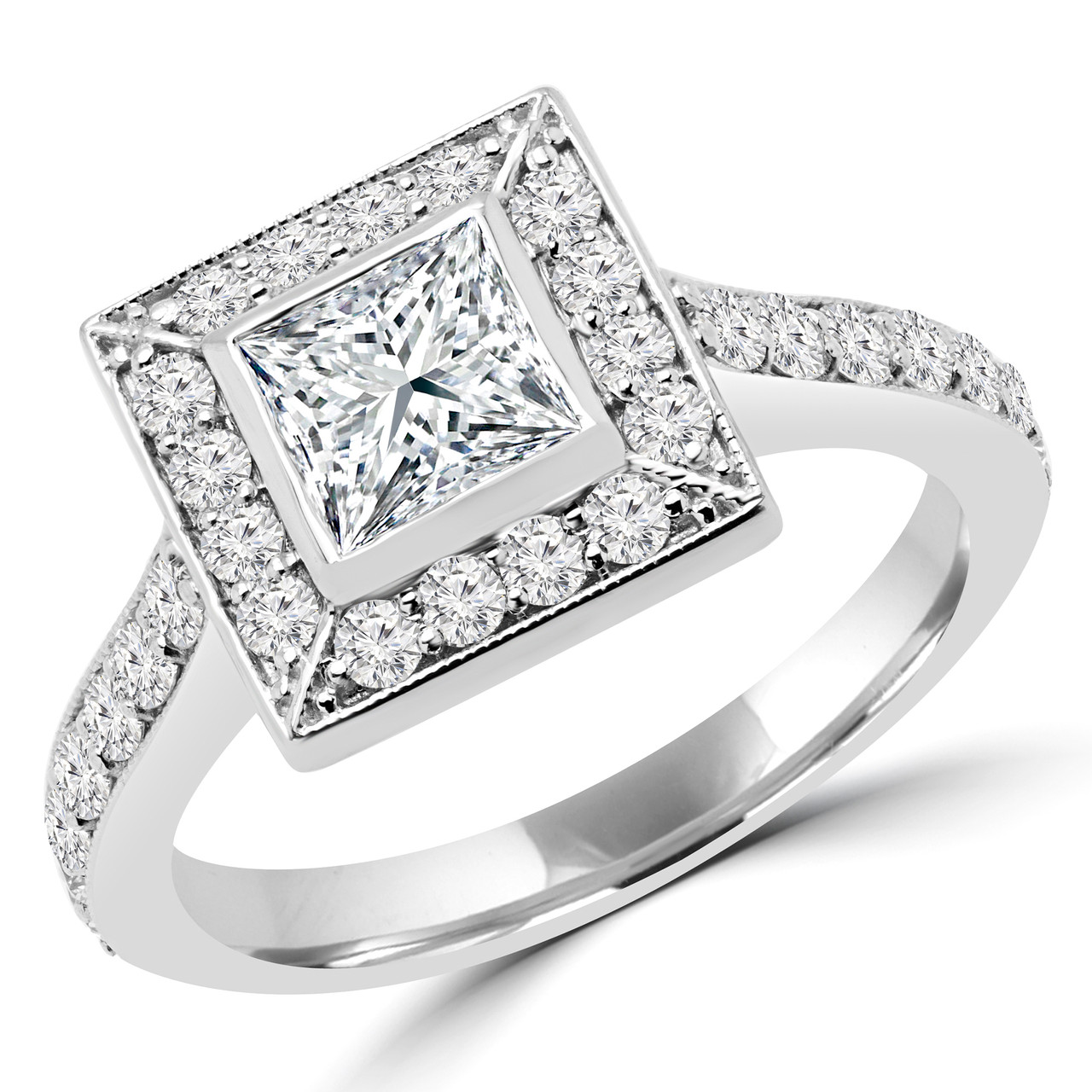 Princess Cut Diamond Multi-Stone Bezel-Set Halo Engagement Ring with Round  Diamond Accents in White Gold - #AMEDE-W - Bijoux Majesty