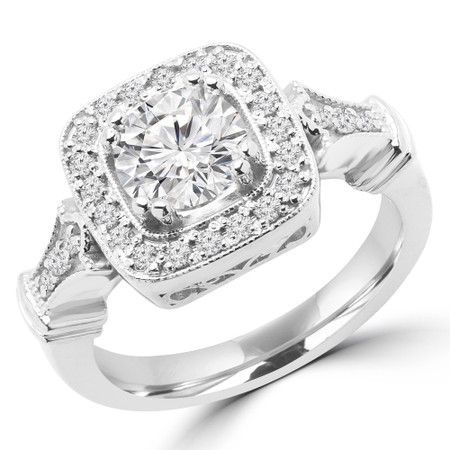 Round Cut Diamond Multi-Stone 4-Prong Split Shank Halo Engagement Ring in White Gold - #NIKITA-W