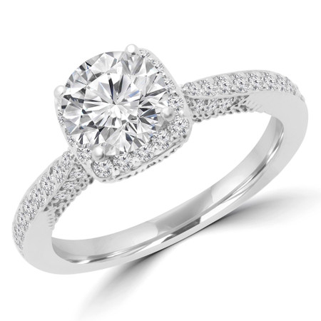 Round Cut Diamond Multi-Stone 4-Prong Halo Engagement Ring with Round Diamond Accents in White Gold - #LACY-W