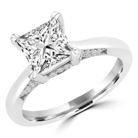 Princess Cut Diamond Multi-Stone 4-Prong Engagement Ring with Round Diamond Accents in White Gold - #JULIETTE-W