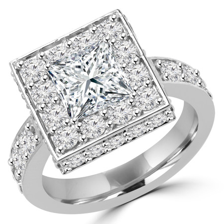 Princess Cut Diamond Multi-Stone 4-Prong Vintage Square Halo Engagement Ring with Round Diamond Accents in White Gold - #MD-0001-W-PR