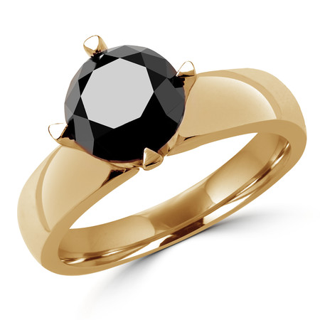 Round Cut Black Diamond Solitaire 4-Prong Engagement Ring in Yellow Gold - #HR6948-Y-BLK