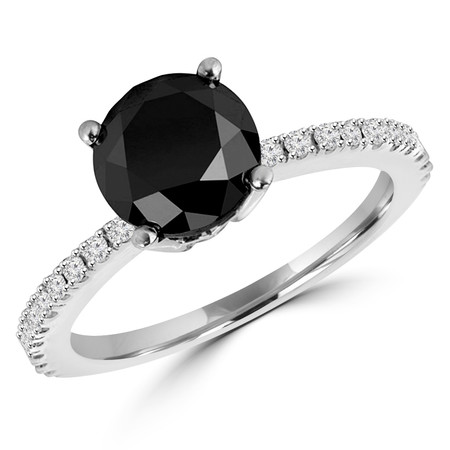 Round Cut Black Diamond Multi-Stone 4-Prong Engagement Ring with Round Diamond Scallop-Set Accents in White Gold - #HR6266-BLK-W