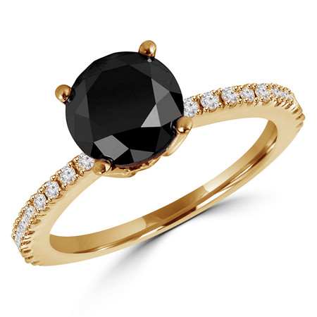 Round Cut Black Diamond Multi-Stone 4-Prong Engagement Ring with Round Diamond Scallop-Set Accents in Yellow Gold - #HR6266-BLK-Y