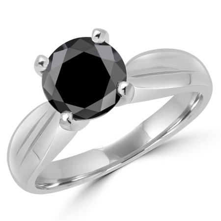 Round Cut Black Diamond Solitaire Tapered Shank V-Prong Engagement Ring in White Gold - #714L-W-BLK