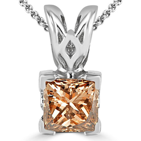 Princess Cut Champagne Diamond Solitaire V-Prong Decorative-Bail Pendant Necklace with Chain in White Gold - #PSF-W-CHAMP