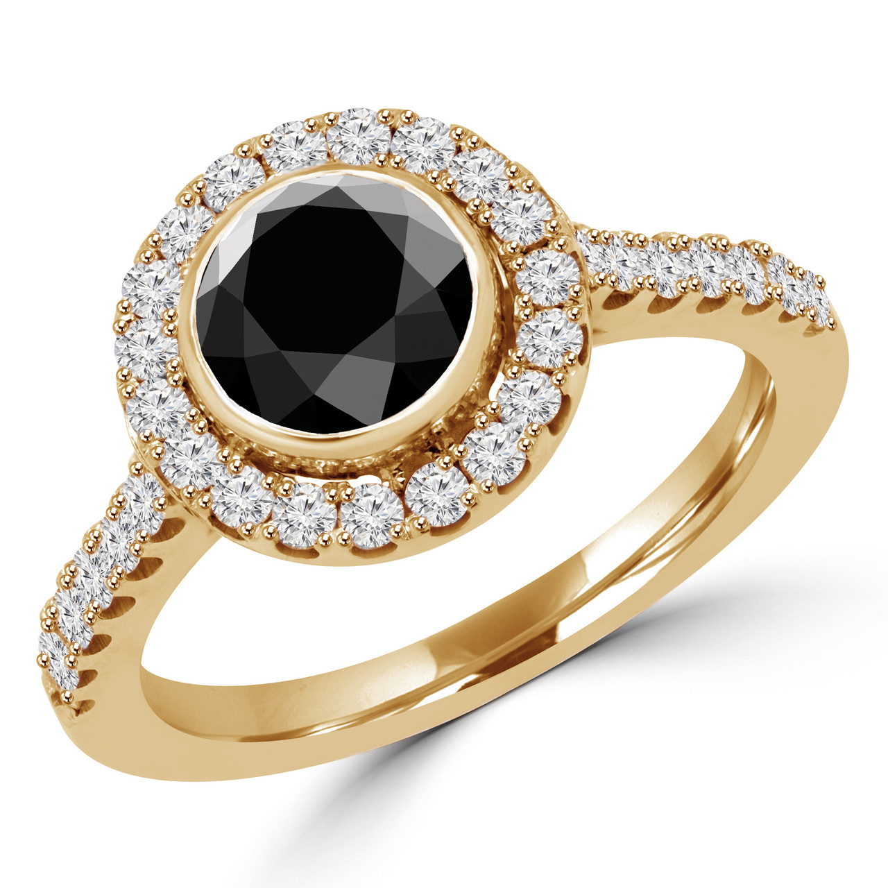 Round Cut Black Diamond MultiStone BezelSet Halo Engagement Ring with