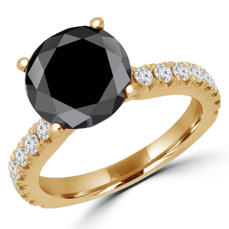 Round Cut Black Diamond Multi-Stone 4-Prong Engagement Ring with Round Diamond Accents in Yellow Gold - #IMAN-BLK-Y