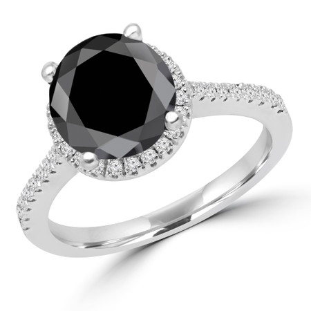 Round Cut Black Diamond Multi-Stone 4-Prong Halo Engagement Ring with Round Diamond Accents in White Gold - #AURORA-BLK-W