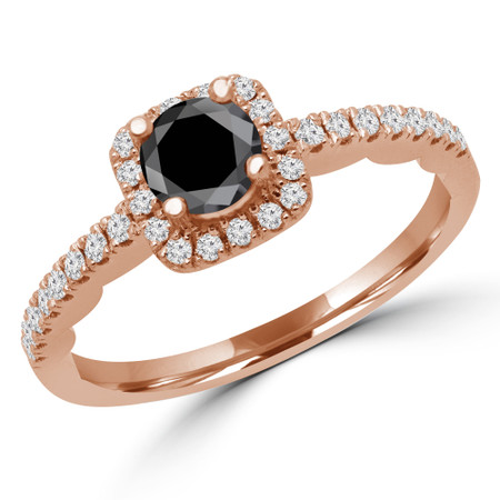 Round Cut Black Diamond Multi-Stone 4-Prong Halo Engagement Ring with Round Diamond Accents in Rose Gold - #KAKO-BLK-R