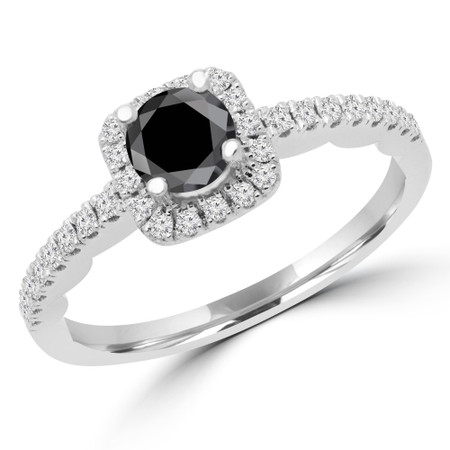 Round Cut Black Diamond Multi-Stone 4-Prong Halo Engagement Ring with Round Diamond Accents in White Gold - #KAKO-BLK-W