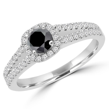 Round Cut Black Diamond Multi-Stone 4-Prong Split-Shank Halo Engagement Ring with Round Diamond Accents in White Gold - #ALANA-BLK-W