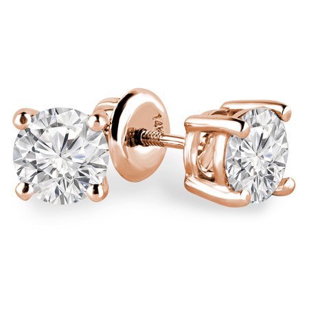 Round Cut Diamond Solitaire 4-Prong Stud Earrings with Screwbacks in Rose Gold - #R418-R