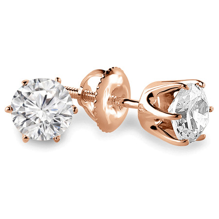 Round Cut Diamond Solitaire 6-Prong Stud Earrings with Screwbacks in Rose Gold - #G4D6-R