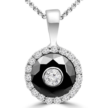 Round Cut White Diamond Bezel-Set Inside Black Diamond Multi-Stone Halo Pendant Necklace with Round White Diamond Accents & Chain in White Gold - #SIMION2