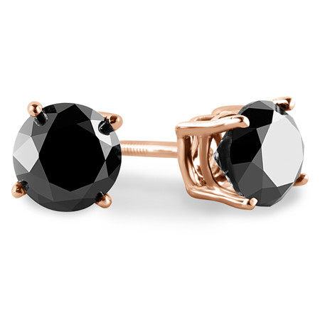 Round Cut Black Diamond Solitaire 4-Prong Stud Earrings with Screwbacks in Rose Gold - #R418-BLK-R