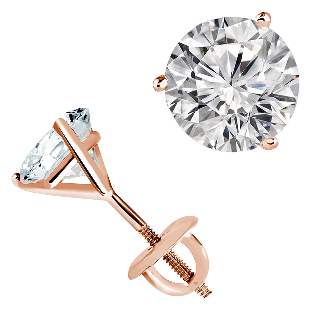 Round Cut Diamond Solitaire 3-Prong Martini Setting Stud Earrings