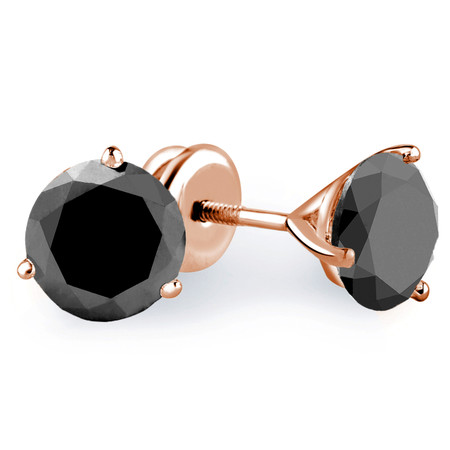 Round Cut Black Diamond Solitaire 3-Prong Martini Setting Stud Earrings with Screwbacks in Rose Gold - #R443-BLK-R
