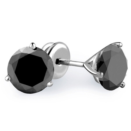 Round Cut Black Diamond Solitaire 3-Prong Martini Setting Stud Earrings with Screwbacks in White Gold - #R443-BLK-W