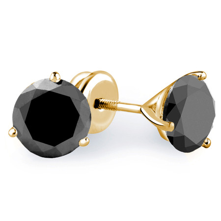 Round Cut Black Diamond Solitaire 3-Prong Martini Setting Stud Earrings with Screwbacks in Yellow Gold - #R443-BLK-Y