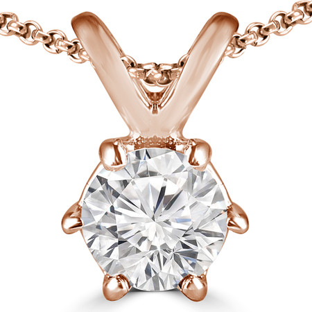 Round Cut Diamond Solitaire 6-Prong Pendant Necklace with Chain in Rose Gold - #P6R-R