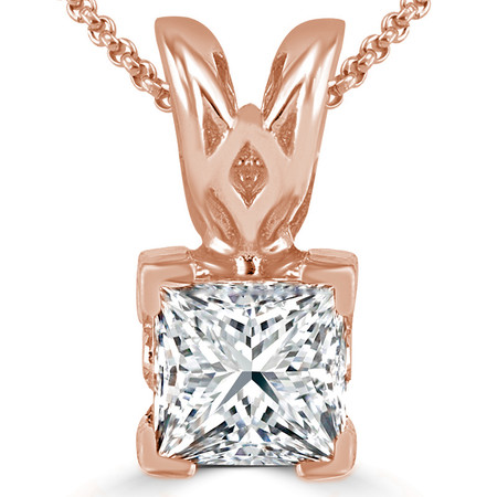 Princess Cut Diamond Solitaire V-Prong Decorative-Bail Pendant Necklace with Chain in Rose Gold - #PSF-R
