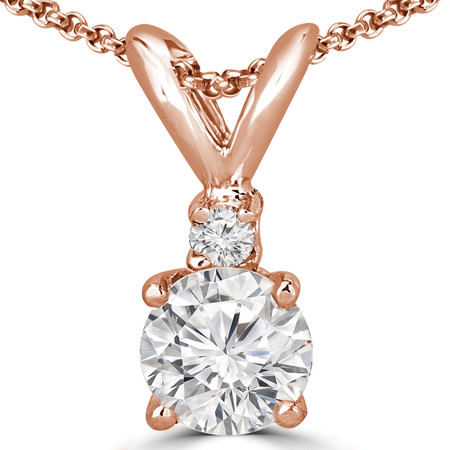 Round Cut Diamond Two-Stone 4-Prong Pendant Necklace with a Round Diamond Accent & Chain in Rose Gold - #R711-R