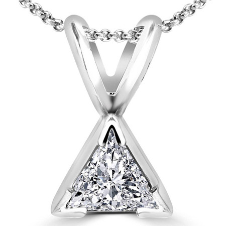 Trillion Cut Diamond Solitaire V-Prong Pendant Necklace in White Gold - #T730-4-W