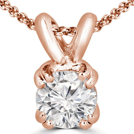 Round Cut Diamond Solitaire 4-Double Prong Pendant with Chain in Rose Gold - #R790R-R