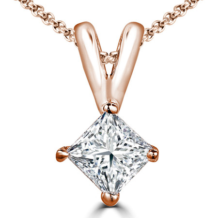 Princess Cut Diamond Solitaire 4-Prong Pendant Necklace with Chain in Rose Gold - #PSQ-R