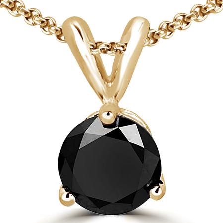 Round Cut Black Diamond Solitaire 3-Prong Pendant Necklace with Chain in Yellow Gold - #R740-BLK-Y