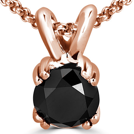 Round Cut Black Diamond Solitaire 4 Double-Prong Pendant Necklace with Chain in Rose Gold - #R790R-R-BLK
