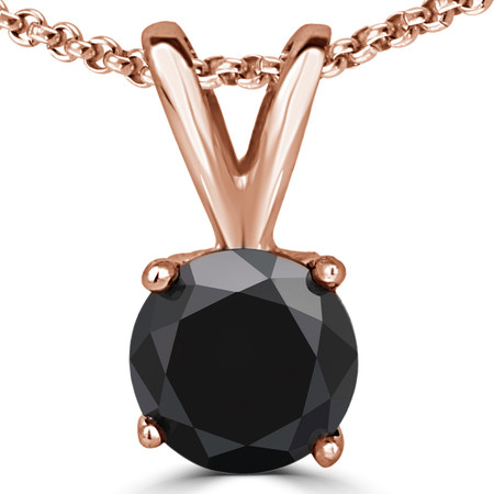 Round Cut Black Diamond Solitaire 4-Prong Y-Bail Pendant Necklace with Chain in Rose Gold - #P4R-R-BLK