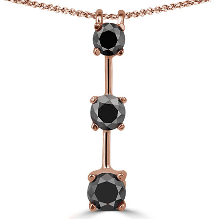 Round Cut Black Diamond Three-Stone 4-Prong Stick Pendant Necklace with Chain in Rose Gold - #R753L-R-BLK