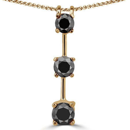 Round Cut Black Diamond Three-Stone 4-Prong Stick Pendant Necklace with Chain in Yellow Gold - #R753L-Y-BLK
