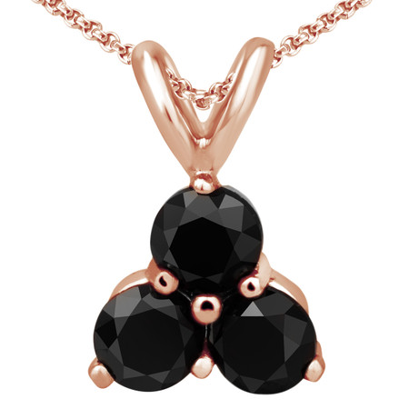 Round Cut Black Diamond Three-Stone Shared-Prong Pendant Necklace with Chain in Rose Gold - #C726-R-BLK