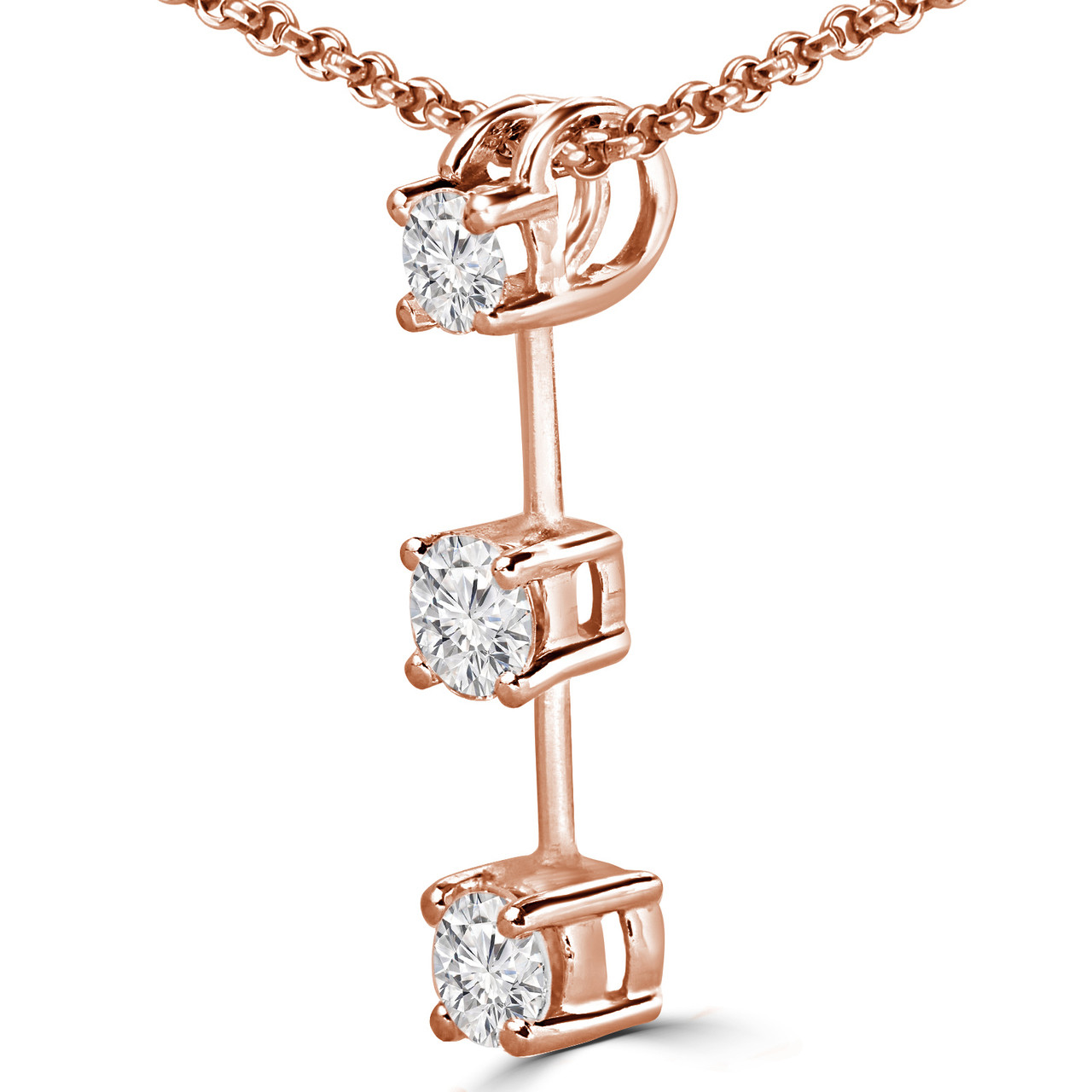 Round Cut Diamond Three-Stone 4-Prong Pendant Necklace with Chain in ...