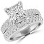 Princess Cut Diamond Multi-Stone V-Prong Engagement Ring & Wedding Band Ring Bridal Set with Round Diamond Scallop-Set Accents in White Gold - #LOCAL-NOVO-A-B-PR-W